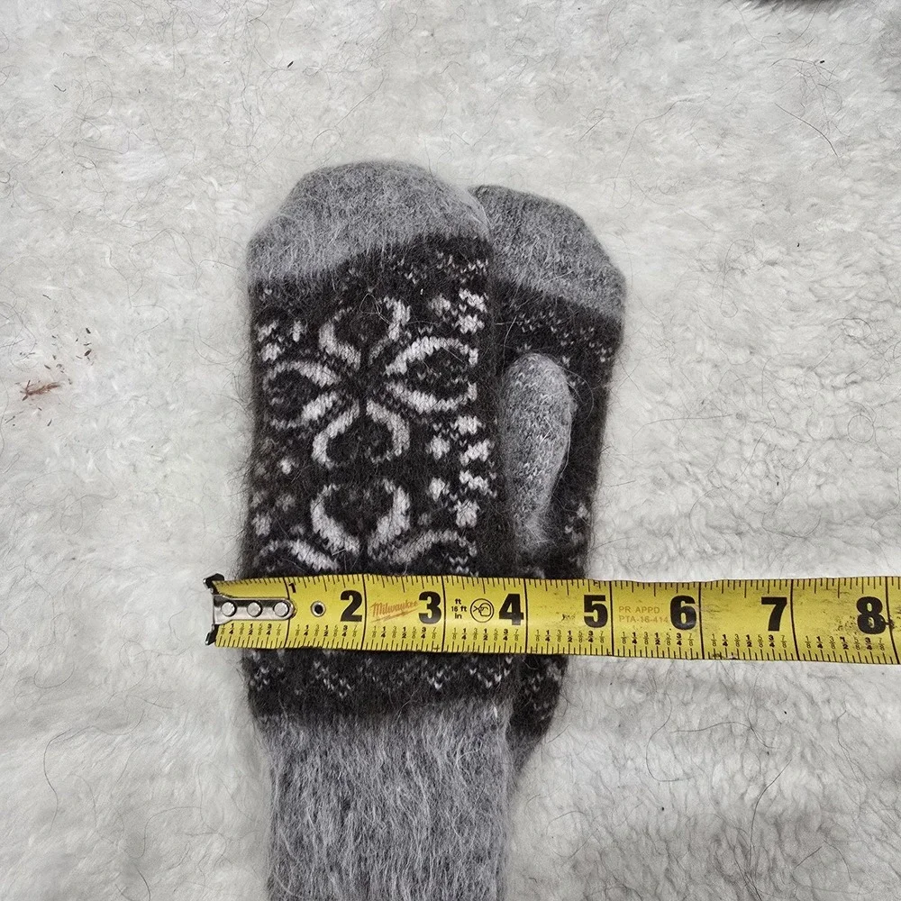 Handmade Goat Down Mittens Grey Brown Flower Pattern‎ Winter Warm Hand Knitted